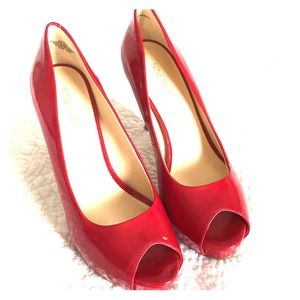 Red Patent Peep Toe Heels